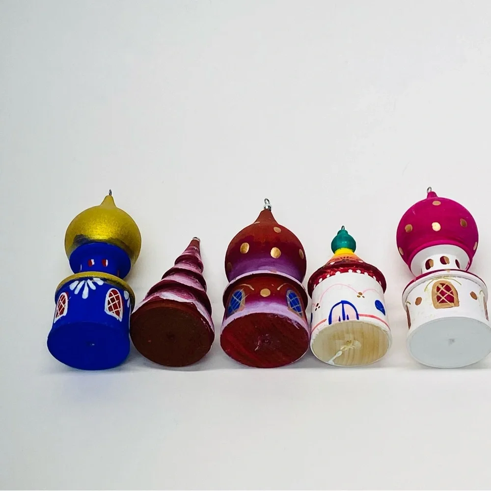 Wooden Hand Painted Set of 5 Christmas Tree Ornaments Church Tree Russian Color